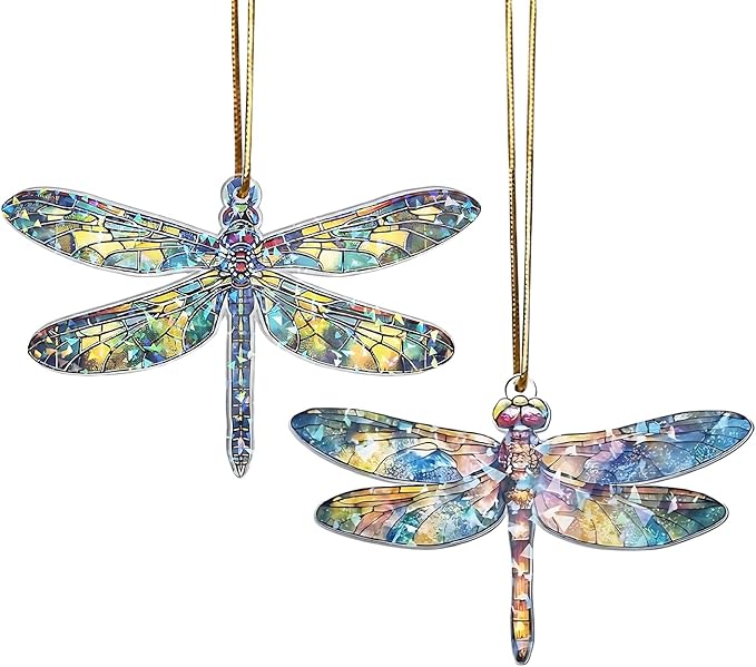 Set Two Dagonfly Ornament, Dragonfly Gift for Women, Dragonflies Decor Suncatcher Effect, Dragon Fly Stained Glass, Dragonfly Ornaments for Christmas Tree, Birthday Gift for Mom