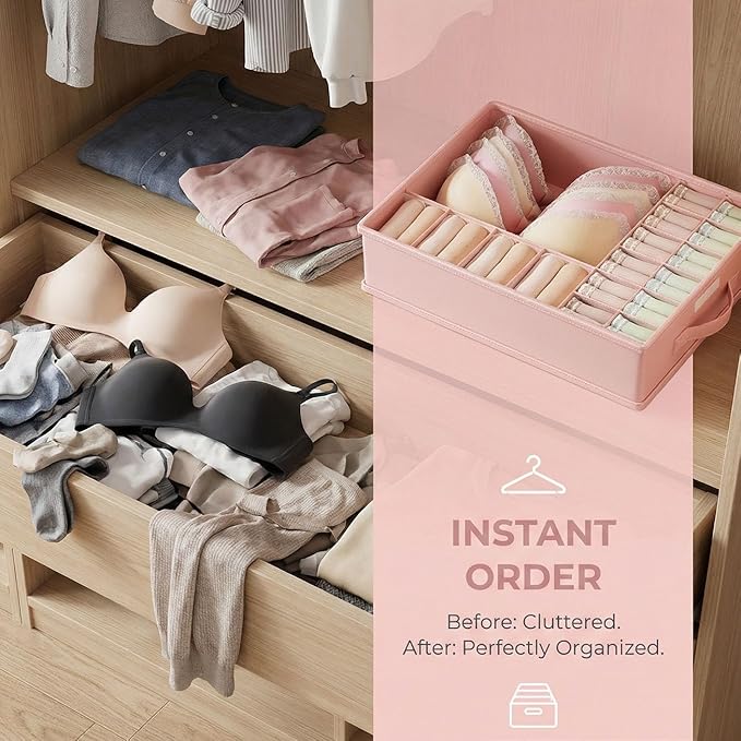 2 Pack Drawer Organizer Dividers with Lid, 17 Cell Underwear Organizer for Closet Organizers and Storage Boxes, Foldable Wardrobe Clothes Storage Bins for Underwear, Socks, Bras, Ties, Lingerie