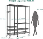 Rolling Clothes Rack, Heavy Duty Garment Rack for Hanging Clothes, Wire Adjustable Rolling Clothing Rack with Lockable Wheels & 2 Hanger Rods, Max Load 850LBS, Black