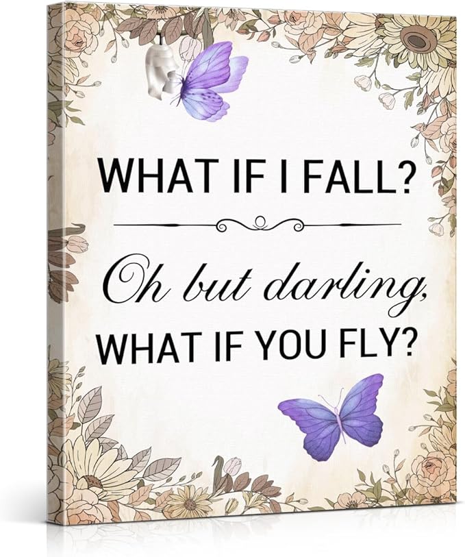 Inspirational Purple Butterfly Wall Art Decor, What If You Fly Motivational Quote Canvas Painting Artwork Picture Posters for Teens Room Bedroom Office (11.5 X 15 Inches, Framed)