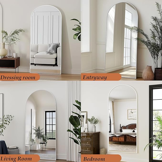Dewfig Arched White Full Length Mirror, 71"X26", Large Floor Mirror, Full Body Mirrors for Leaning or Hanging, Standing Mirrors for Bedroom, Living Room,Dressing Room, Aluminum Alloy Frame, White