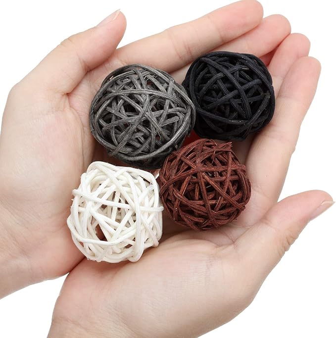 Patelai 36 Pcs Wicker Rattan Balls Decorative Balls for Vase Centerpiece Bowls Orbs Filler for Home Decor,4 Sizes(White, Dark Gray, Brown, Black,2.4'',2'',1.6'',1.2'')