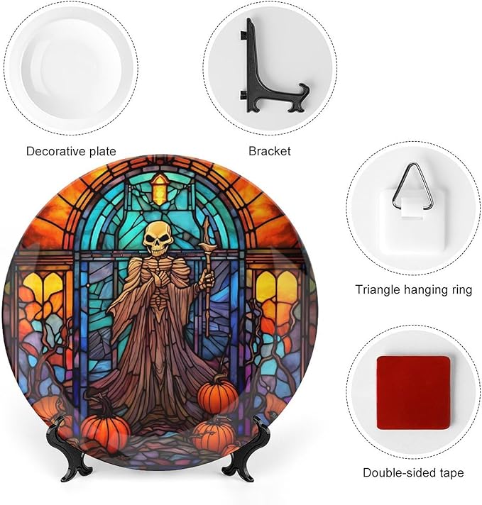 Halloween Spooky Stained Glass Design Decorative Plates Home Decor Ceramic Plates, Dinner Plates Display for Living Room, Kitchen, Hallway Console Side Table, Presents for Halloween, 10 Inch