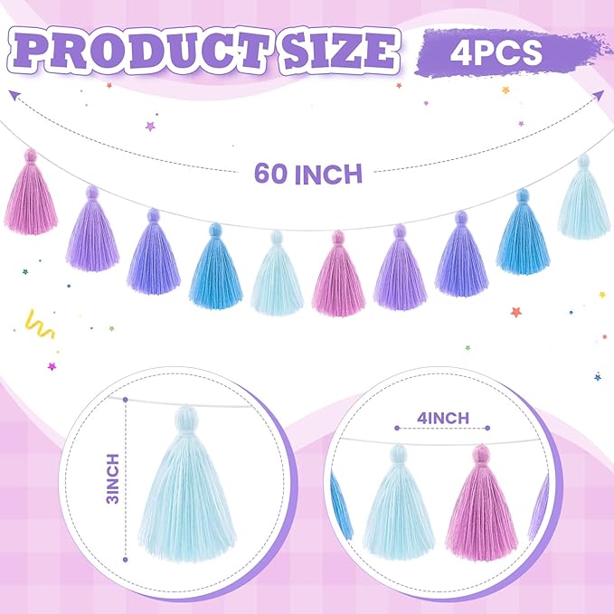 WILLBOND 4 Pieces Valentine's Day Tassel Garland for Classroom Wall Decor Boho Pastel Garland Cotton Tassel Banners for Party School(3.1 Inch,Purple Colors)