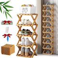 The 9-Tier No-Assembly Bamboo Rack, Foldable Stackable 9 Tier Bamboo Shoe Rack Vertical Storage Sturdy & Stable, Tall Narrow Space-Saving Expandable Shoe Rack for Entryway Closet Dorm (Nature,5 Tiers)