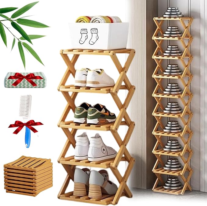 The 9-Tier No-Assembly Bamboo Rack, Foldable Stackable 9 Tier Bamboo Shoe Rack Vertical Storage Sturdy & Stable, Tall Narrow Space-Saving Expandable Shoe Rack for Entryway Closet Dorm (Nature,5 Tiers)