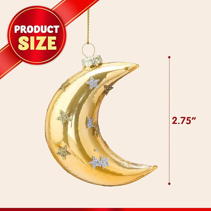 Joiedomi Christmas Moon Ornaments, Glitter Blown Glass Moon Decorations for Tree Hanging Ornament Outdoor Christmas Decorations Indoor