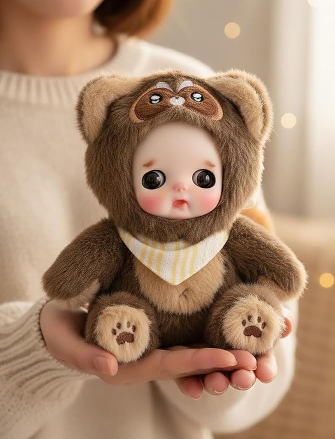 6" Hand-Painted Porcelain Face Doll with Acrylic Cotton Body, Small Ceramic Collectible Doll for Shelf & Desk Decor, Aesthetic Home Display, Collectors & Unique Birthday Gift (Brown)