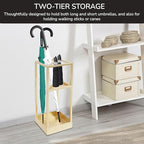 DouSeiAi 20 Inch Geometric Umbrella Stand, Metal Freestanding Umbrella Rack with Shelf, Entryway Organizer with Bottom Drip Tray for Drip Dry, Holds Umbrellas, Canes, Walking Sticks (Gold)