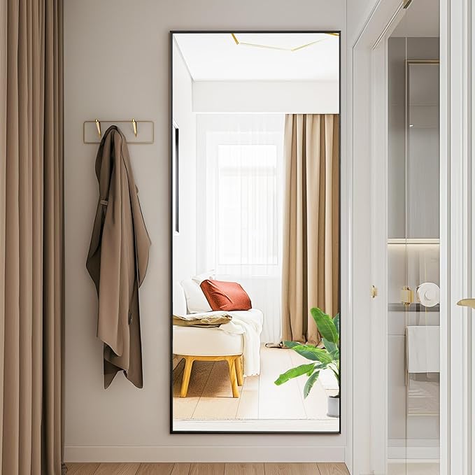 DUMOS 19"x58" Full Length Mirror with Stand, Floor Standing Aluminum Frame, Shatter-Proof Nano Glass for Bedroom, Living Room, Cloakroom – Modern Simple Home Decor,Can Be Hanging or Leaning, Black