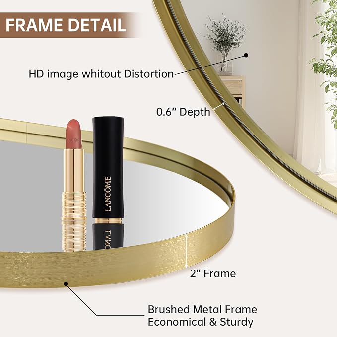 Gold Oval Mirror, 24"x32" Oval Bathroom Mirror, Brushed Gold Mirror with Aluminium Alloy Frame, Anti-Rust, Tempered Glass
