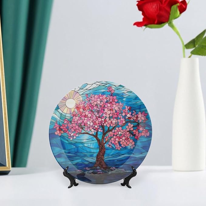 Stained Glass Theme Decorative Ceramic Plate Round Porcelain Plate,10 inch,Cherry Tree Pattern,for Decorative Ornaments Giving Plates, 1 Plate with 1 Display Stand,Blue Pink