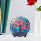 Stained Glass Theme Decorative Ceramic Plate Round Porcelain Plate,10 inch,Cherry Tree Pattern,for Decorative Ornaments Giving Plates, 1 Plate with 1 Display Stand,Blue Pink
