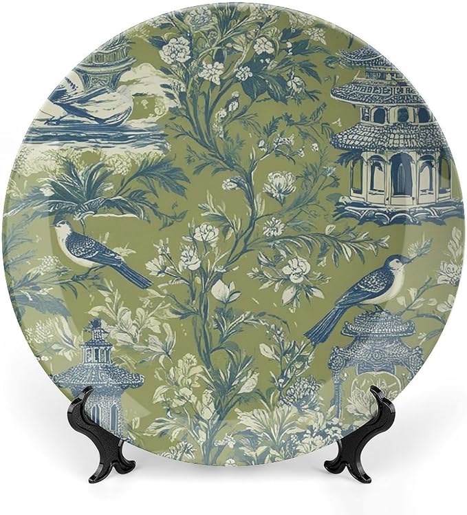Asian Green Chinoiserie Plates Ceramic of 6", 7", 9", 10", Customize Pagoda Garden Imperial Ceramic Salad Plates, Household Wedding Decorations Festival, 1 Plate with 1 Display Stand