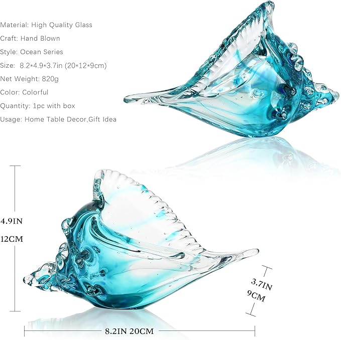 Blown Glass Conch Shell Sculpture, 8.2" Sea Glass Art Decor, Conch Shell Decorative Statues, Seashell Sculpture for Dining Tables, Entryways, Coffee Tables, Living Room, Shelf Fillers Gift for Women