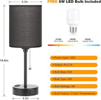 Dicoool Black Bedroom Lamp 3 Color Temperatures - Small Bedside Lamps with USB C and A Ports, Pull Chain Table Lamps with AC Outlet, Black Nightstand Light for Kids Sleeping