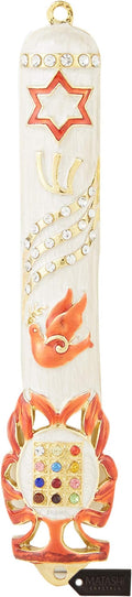 Matashi Hand Painted White Enamel Mezuzah Case Embellished with Star of David, Peace Dove, and Priestly Hoshen Breastplate with Crystals - Jewish Home Door Decor, Housewarming Judaica Gift