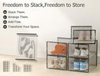 Kuject XX-Large Shoe Storage Boxes Organizers Clear Plastic Stackable 12 Pack, Shoe Rack & Holder Substitute, Sneaker Containers, Shoe Storage Organizer Bins for Closet, Under Bed, Black(No Fold Line)