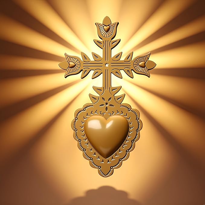 MVTDONT Golden Wall Cross-Saint Heart Miracle Decorative Wall Cross, Antique Gold Heart Design, Vintage Religious Home Deco