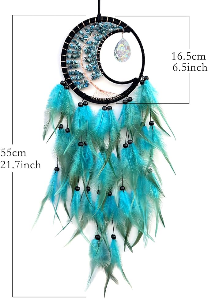 Blue Dream Catcher Wall Decor Tree of Life Dream Catchers with Crystal Pendant Handmade Feather Dreamcatcher Wall Hanging Ornament for Bedroom Living Room Home Decor