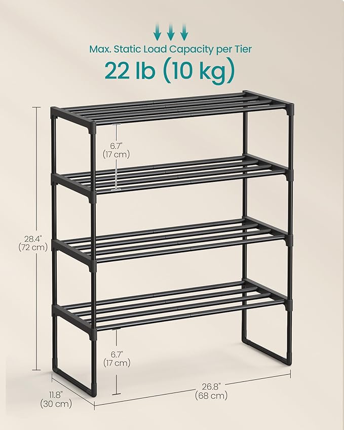 SONGMICS Shoe Rack, 4-Tier Shoe Organizer, Metal Storage Shelf, Upright or Upside Down, for 10-15 Pairs, Stackable, for Entryway, 11.8 x 26.8 x 28.4 Inches, Black ULSA204B01