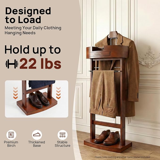 Wood Suit Rack, Freestanding Clothing Valet Stand Valet Stand Suit Racks Freestanding Wood Clothing Valets Stand Rack Organizer Clothes Butler for Bedroom Entryway Home Living Room Office
