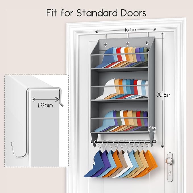 Over the Door Hat Rack - 3-Layer Design Hat Organizer Holds 30-36 Hats with 10 Hooks, Ideal Hat Rack for Door, Over the Door Organizer for Closet, Apartment, Bedroom, Dorm, 2 Pack, Grey