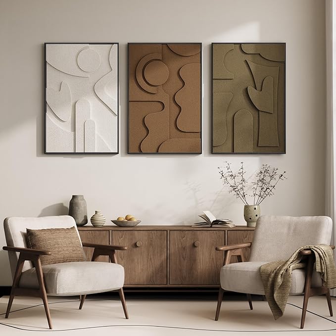 Large Framed 3D Textured Abstract Wall Art for Living Room, 3 Piece Modern Geometric Pictures Wall Decor, Neutral Minimalist White Brown Paintings for Bedroom Dining Room Hallway Office, 24x36 In