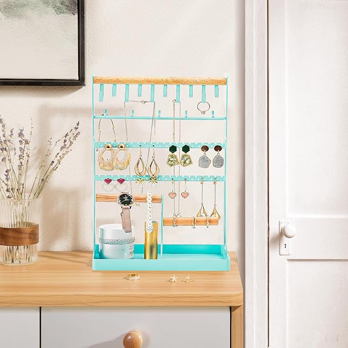 ProCase Jewelry Organizer Stand Necklace Organizer Earring Holder, 6 Tier Jewelry Stand Necklace Holder with 15 Hooks, Jewelry Tower Display Rack Storage Tree for Bracelets Earrings Rings -Aqua