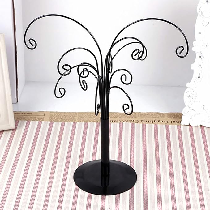10.6 inch Ornament Tree Display Stand Rotating Decor, Decorative Black Metal Tabletop Display Stand Features Multiple Hooks, Display Rack for Ornaments Glass Globes Balls and Small Craft Items (2PCS)