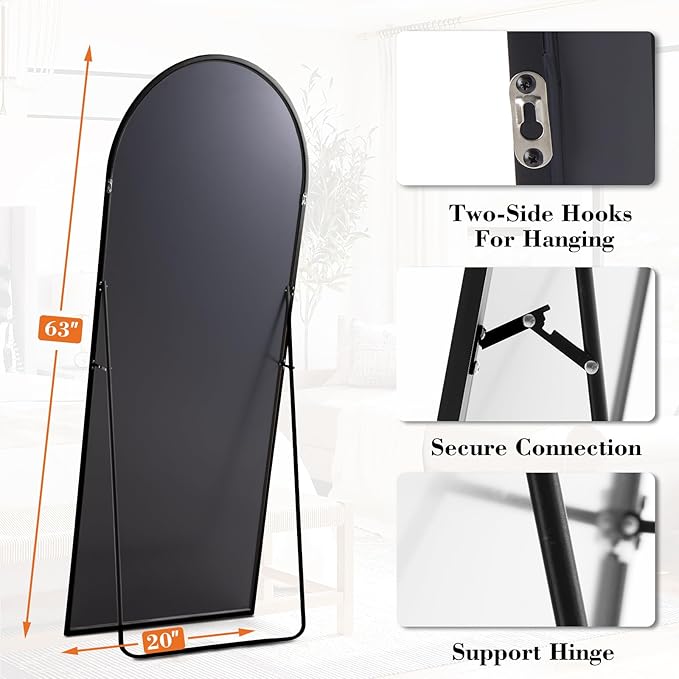 DUMOS 63"x20" Arched Full Length Mirror with Stand, Floor Body Mirror Shatter-proorf Nano Glass with Aluminum Frame, Free Standing or Hanging Leaning Modern Simple Home Decor, Gold