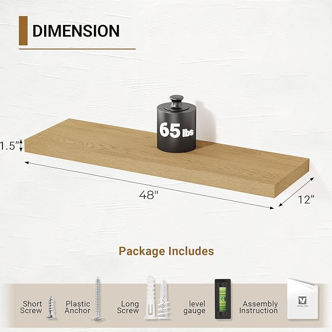 Vivelove 12 Inch Deep Floating Shelves for Wall 48 inch Long, Thick Wall Shelves with Wood Grain Texture, Shelf for Bedroom Bathroom Living Room Kitchen Office, Rustic Farmhouse Decor, Set of 2, Oak