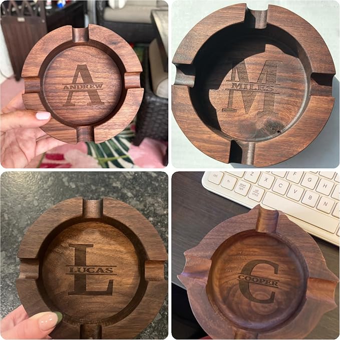 Cigar Ashtray Gift Set with Cigar Cutter for Men Custom Wooden Ashtray Personalized Name Walnut Cigar Ash Tray Gifts for Husband Dad Father Groomsmen Papa Grandpa (Deep Dish Set)