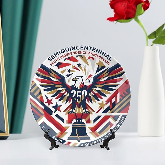 250th Anniversary Decorative Plates 8 Inch Eagle Liberty Bell Patriotic Decorations Commemorative Plates with Stand Independence Day 4th of July Semiquincentennial Decor