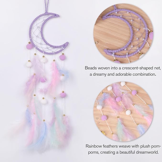 Pretty Jolly Purple Moon Kids Dream Catcher Wall Decor Pompom Feather Baby Dreamcatcher Handmade Children Dream Catcher Home Décor Wall Hanging for Nursery Bedroom Boys Girls Birthday Gift-25.6in