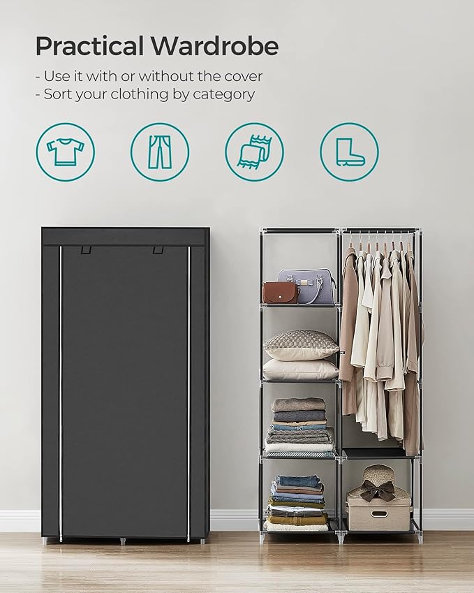 SONGMICS Portable Closet, Fabric Wardrobe, Clothes Rack with Shelves, Pockets, Large Capacity, 1 Hanging Rod, 34.6 x 17.7 x 66.1 Inches, Ink Black URYG84BK