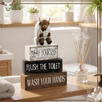 Moucuny 4 Pcs Highland Cow Bathroom Decor Set Funny Rustic Wooden Tiered Tray Signs with Highland Cow Toilet Figurine, Farmhouse Bathroom Shelf Decor, Etiquette Reminders for Restroom Toilet Vanity