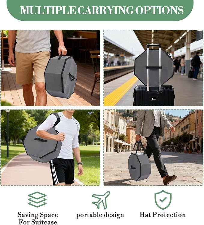 Garvee 3-Pack Grey Collapsible Hat Storage Boxes with Handles and Shoulder Strap – Large Dustproof Organizer for Cowboy, Fedora & Sun Hats – Portable Travel and Home Storage, 42×42×19cm, Grey