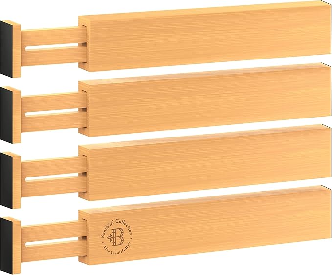 4 Pack Bamboo Drawer Dividers - 2.6 in High, Adjustable 16 to 22 in Expandable Drawer Organizers and Dresser Separators for Clothes, Bedroom, Bathroom, Kitchen, and Office Organization and Storage