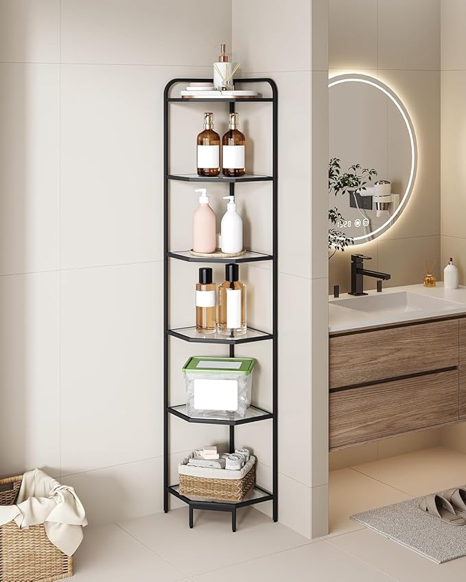 Hzuaneri Corner Shelf Stand, 6-Tier Glass Bookshelf Bookcase, Bathroom Organizer, Plant Stand, Steel Frame, Tempered Glass, Modern Style for Living Room, Bathroom, Kitchen, Black CS90600B