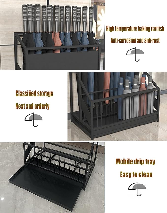 Commercial Metal Umbrella Stand Umbrella Holder, Corridor Entrance Umbrella Basket for Hotel School Cafe-with Drip Tray, Storage 30 Umbrellas (Color : Black)
