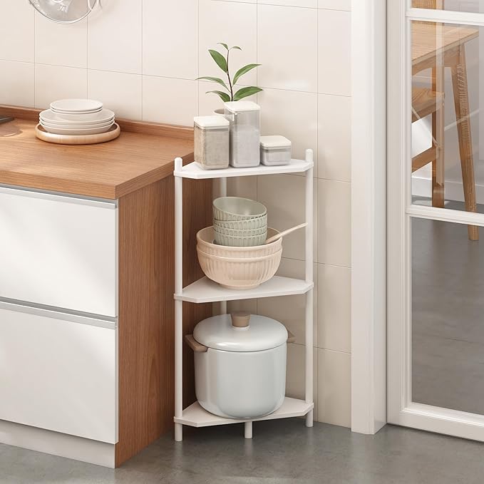 Wisuce Corner Shelf Stand - 3 Tier Bamboo Small Corner Bookshelf for Office Kitchen Bedroom Plant Stand Living Room Decor Small Space (White)