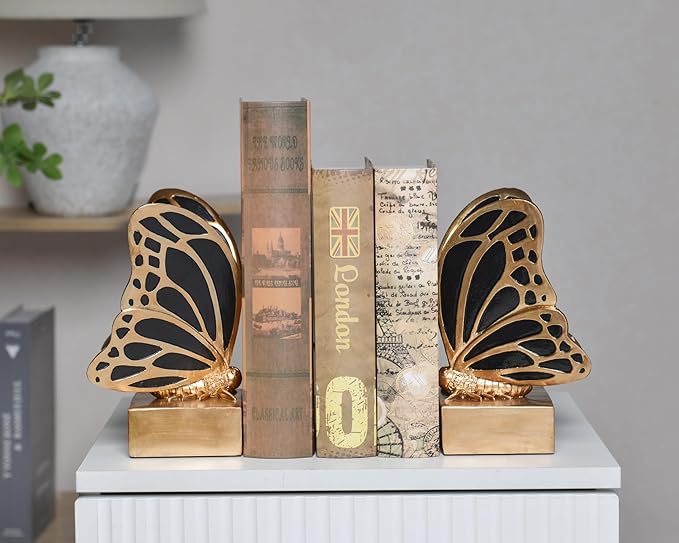 Vintage Brass Butterfly Bookends,Resin Book Ends for Shelves,Heavy Duty Decorative Bookends,Creative Book Stopper Holder Decor for Desk Home Office,Shelf Decoration,Gifts for Mother's Day