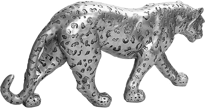 Cheetah Statue Home Decor Leopard Sculpture Resin Sitting Cheetah Figurine Desktop Table Top Ornament Decoration for Home Office-Gold Or Silver (Walking-Silver)
