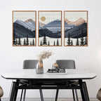 KAIRNE Mountain Canvas Wall Art,Abstract Landscape Wall Decor Set of 3(16”X24”),Sunrise Pine Forest Nature Prints,Wilderness Scenery Pictures for Living Room Bedroom Farmhouse Office Decor,Framed
