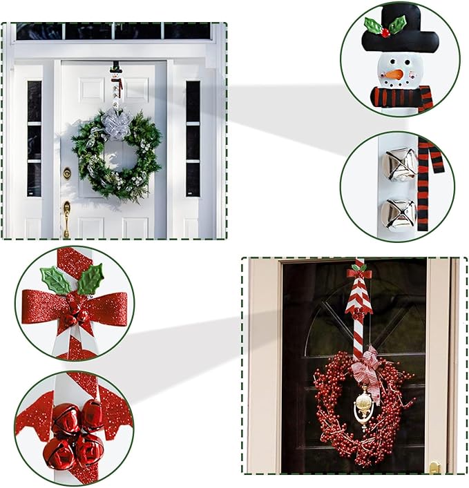 2 Pack Candy Cane Snowman Wreath Hangers for Front Door,Christmas Decoration Metal Over The Door Single Wreath Hook Ornament Door Wreath Hanger,Door Hanger for Wreath Front Door