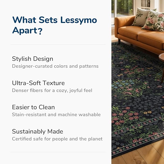 Lessymo Kitchen Runner Rug Washable, Long Non Skid Hallway Runner Rugs Black 2x6 Boho Vintage Floral Botanical Door Mat for Entryway, Laundry Room, Bathroom Rugs with Rubber Backed, Black Green