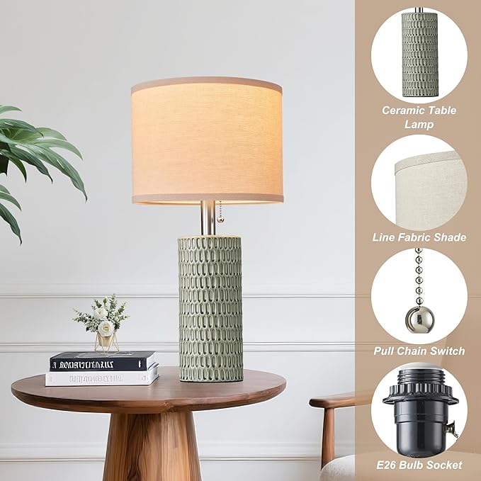 Reaketon 20.5" Modern Ceramic Table Lamps for Bedroom Set of 2, Bedside Lamps for Night Stands with Beige Lampshade, Farmhouse Table Lamp for Living Room Office Dorm, Light Green