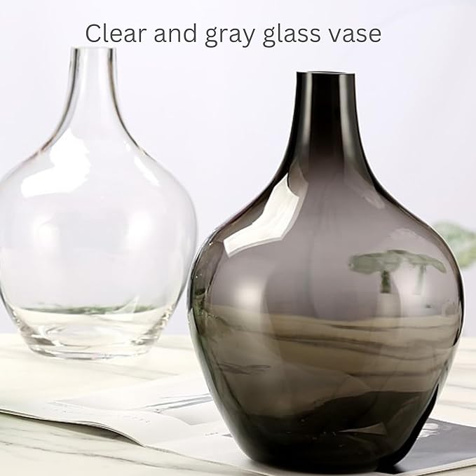 Gray Black Glass Vase - 12" Smoked Glass Vase, Large Black Jar, Modern Balloon Demijohn for Decor Living Room, Jarrones Decorativos para Sala, Modern Home Decor