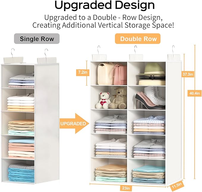White 5-Tier Hanging Closet Storage Organizer - Space-Saving Dual-Row Foldable Shelves with 3 Hooks, Wardrobe Organizer for Dorm, Bedroom, Clothes and Accessories